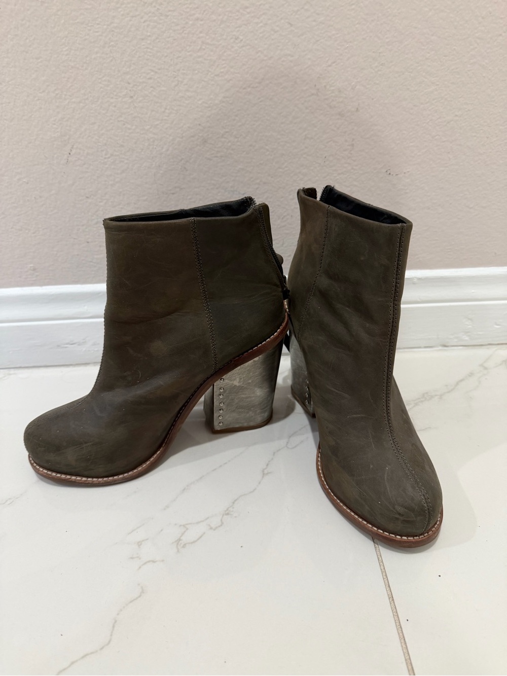 Jeffrey Campbell Western Olive Green Leather Ankle Booties with Metallic Block